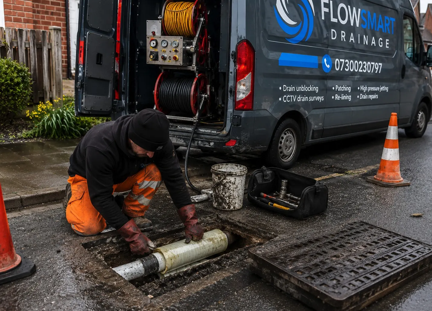 An engineer kneeling at an opened drain in the road, feeding a liner into the pipe, cones out.
